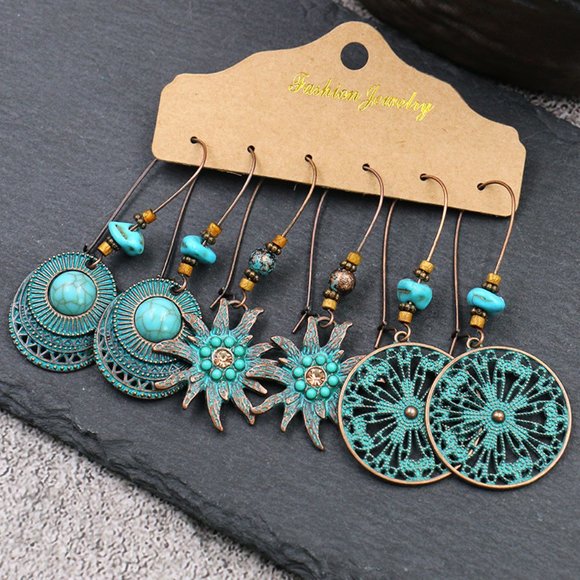 3 Pairs/Set Bohemian Boho Earrings Hook Drop Dangle -‎ Teal, Starfish, Mandala - Picture 1 of 3